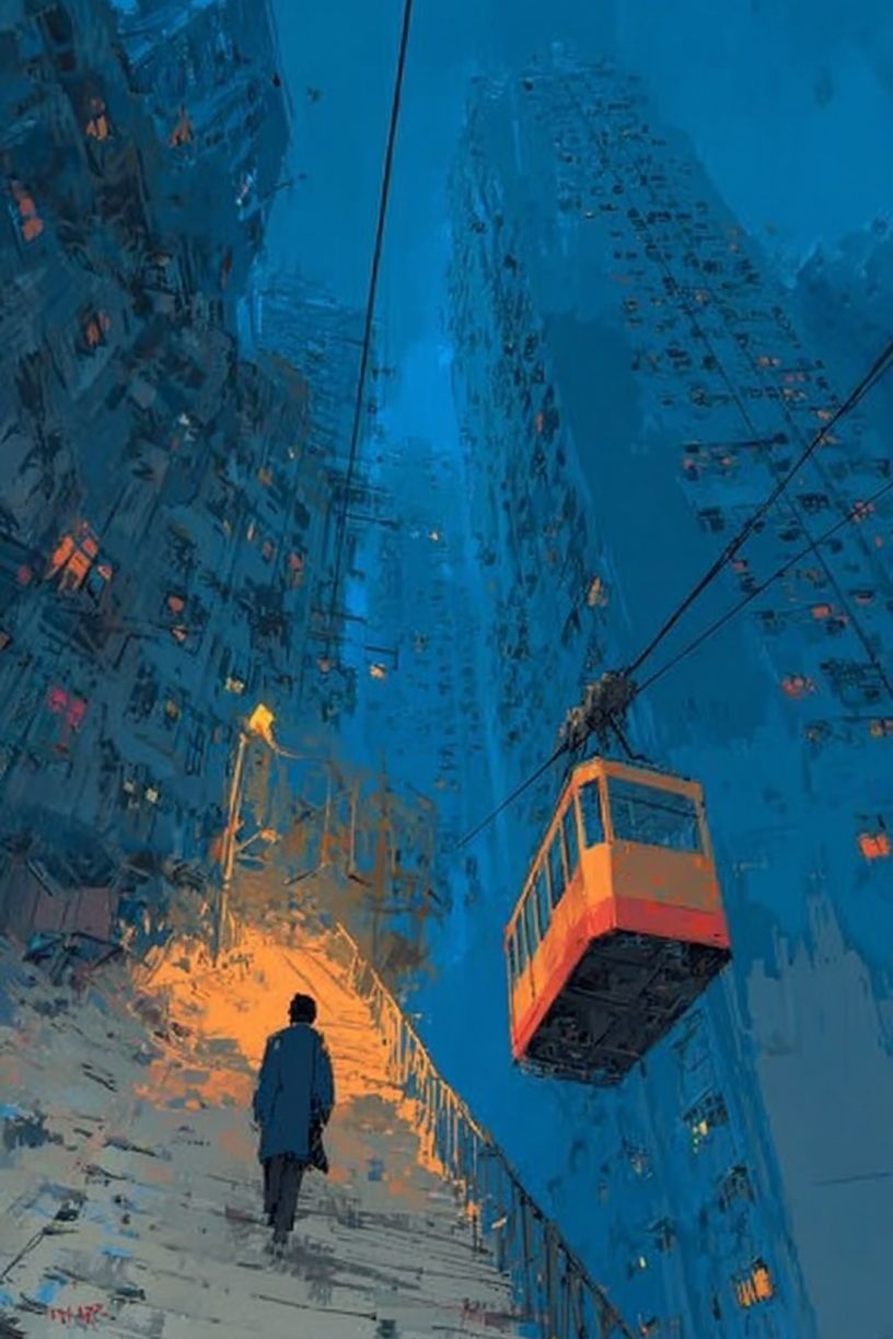 Blue City Stairway Digital Art Poster. poster detail