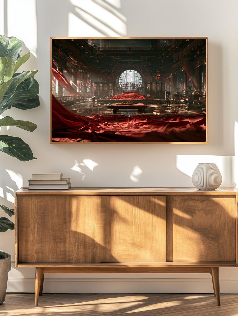 Red Silk Temple Interior Poster. — room view 3
