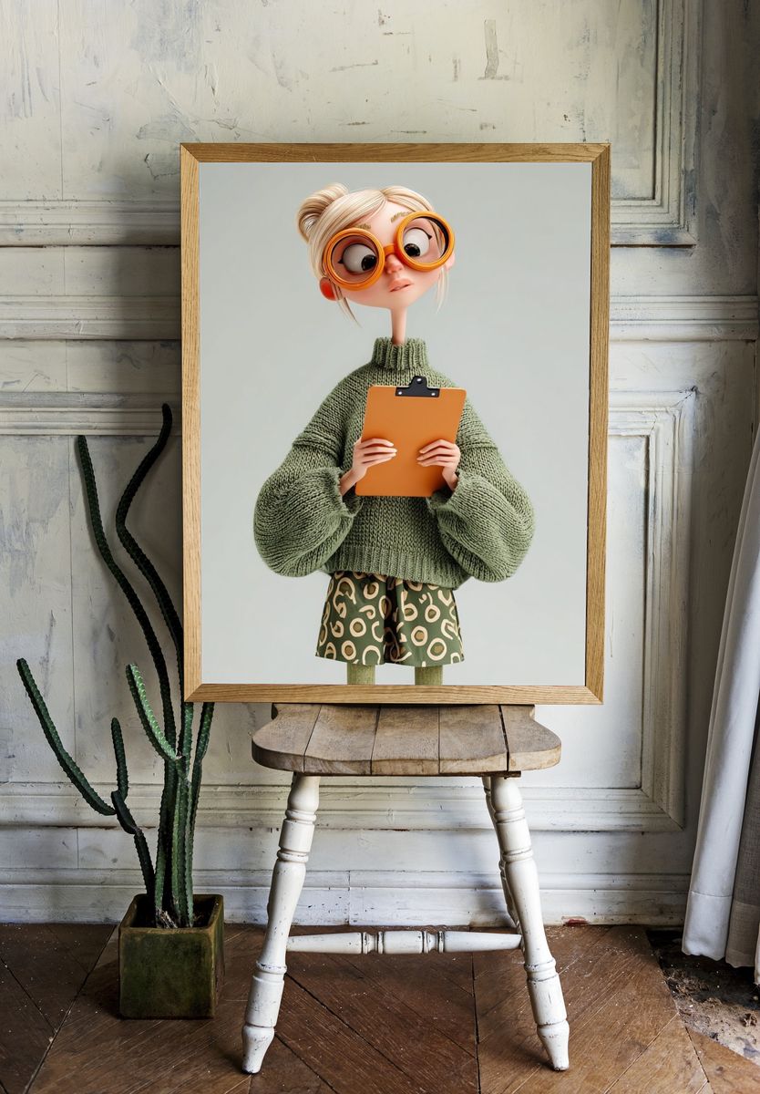Quirky Girl with Clipboard Illustration Poster room preview