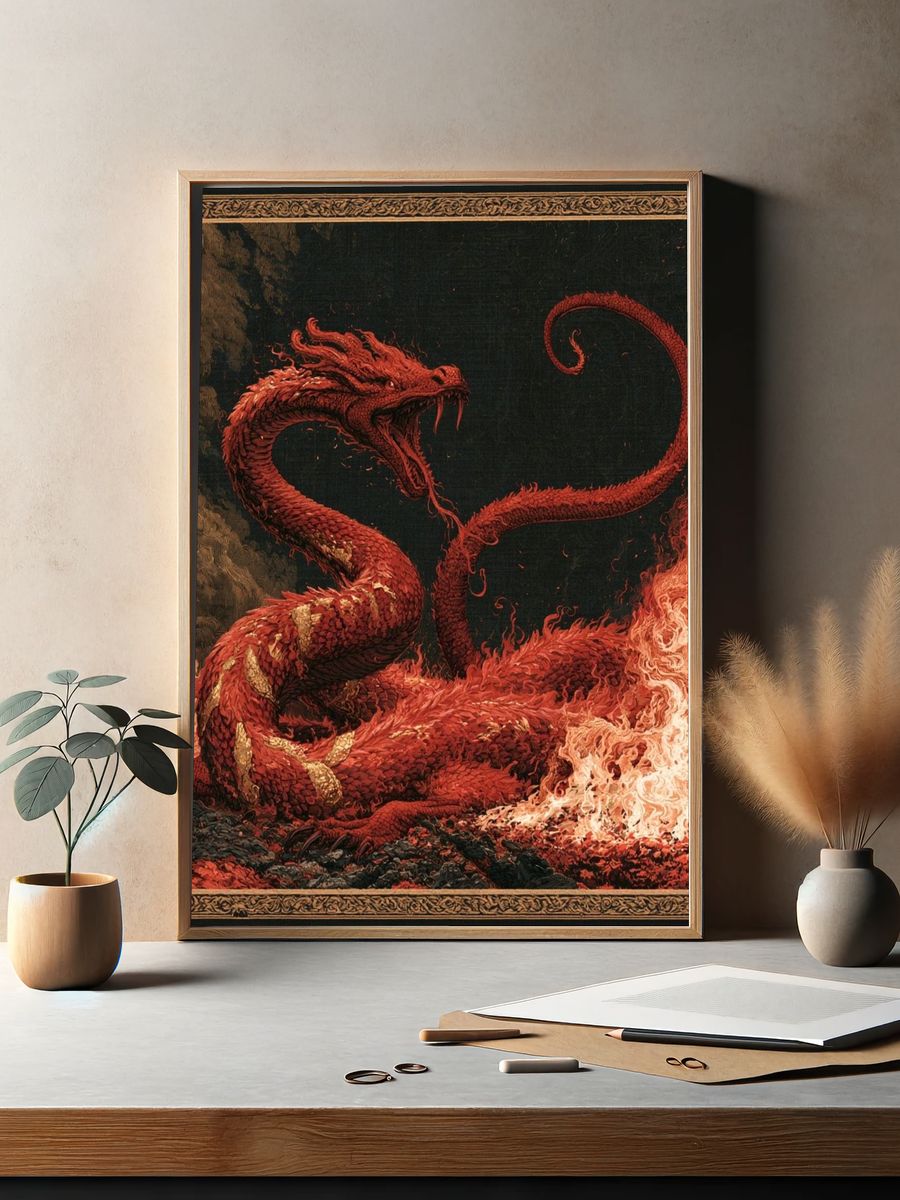 Red Dragon Fire Illustration Poster. — room view 2