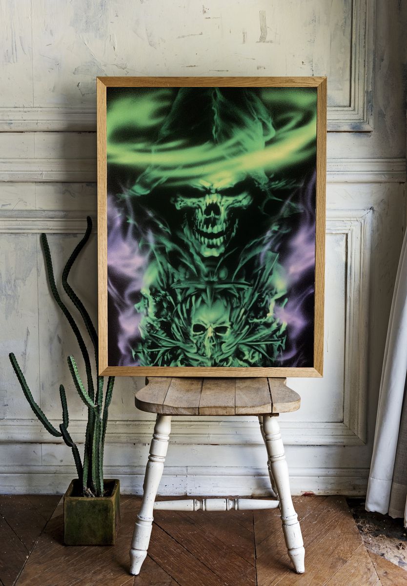 Neon Skull Smoke Illustration Poster. room preview