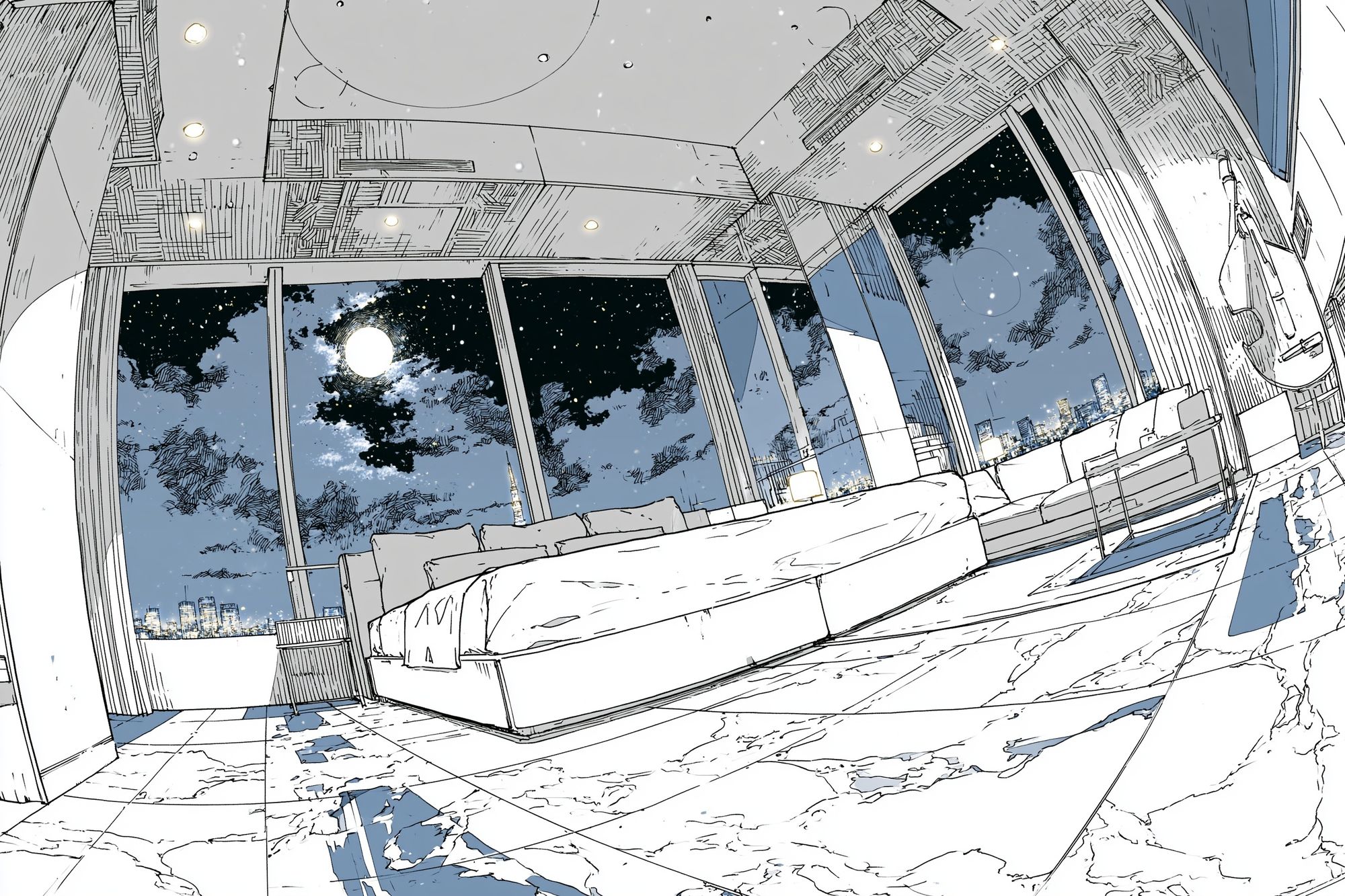 Moonlit Modern Bedroom Illustration Poster. poster detail