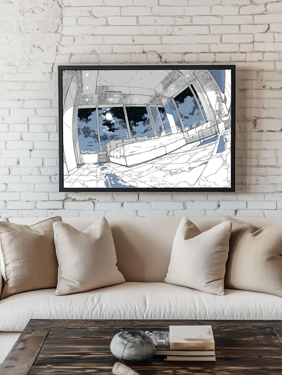 Moonlit Modern Bedroom Illustration Poster. room preview
