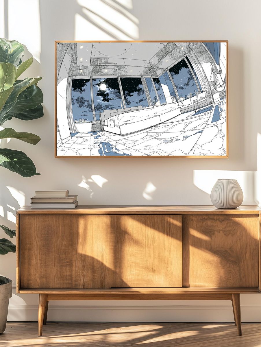 Moonlit Modern Bedroom Illustration Poster. — room view 3