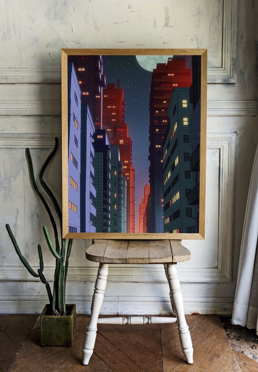 Moonlit City Alley Illustration Poster. room preview