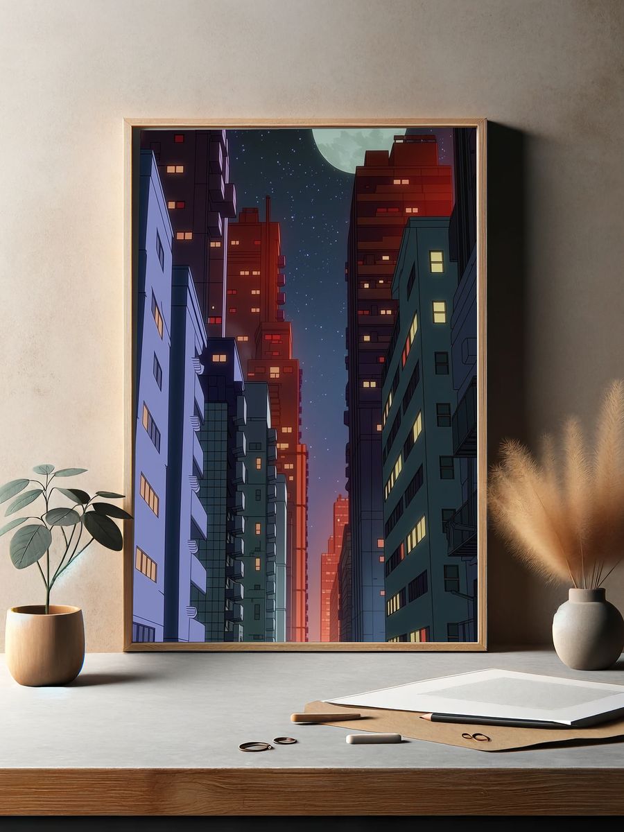 Moonlit City Alley Illustration Poster. — room view 2
