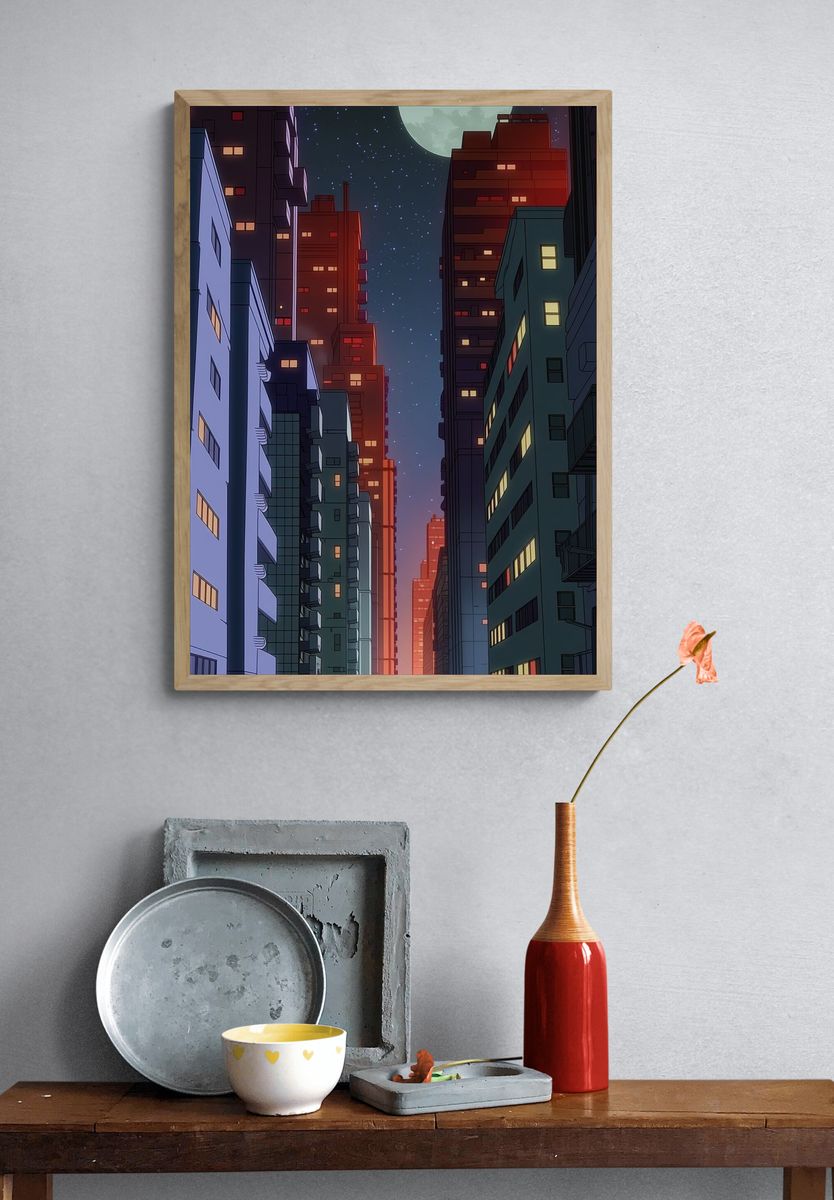 Moonlit City Alley Illustration Poster. — room view 3