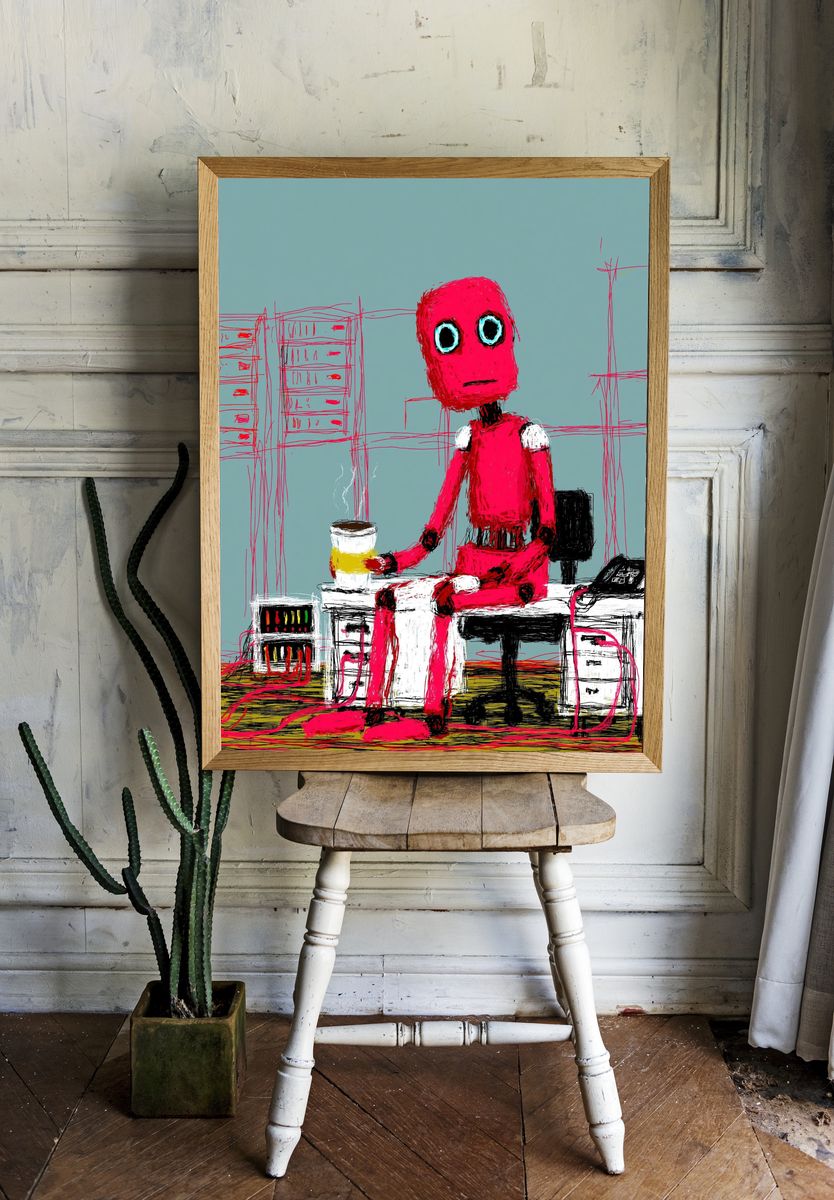 Pink Robot Figure Illustration Poster. — room view 1