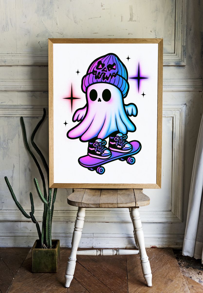 Ghost Skateboard Digital Art Poster. room preview