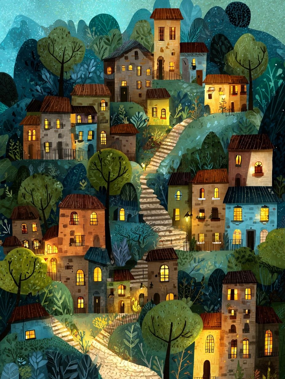 Moonlit Village Hillside Illustration Poster. poster — illustration art