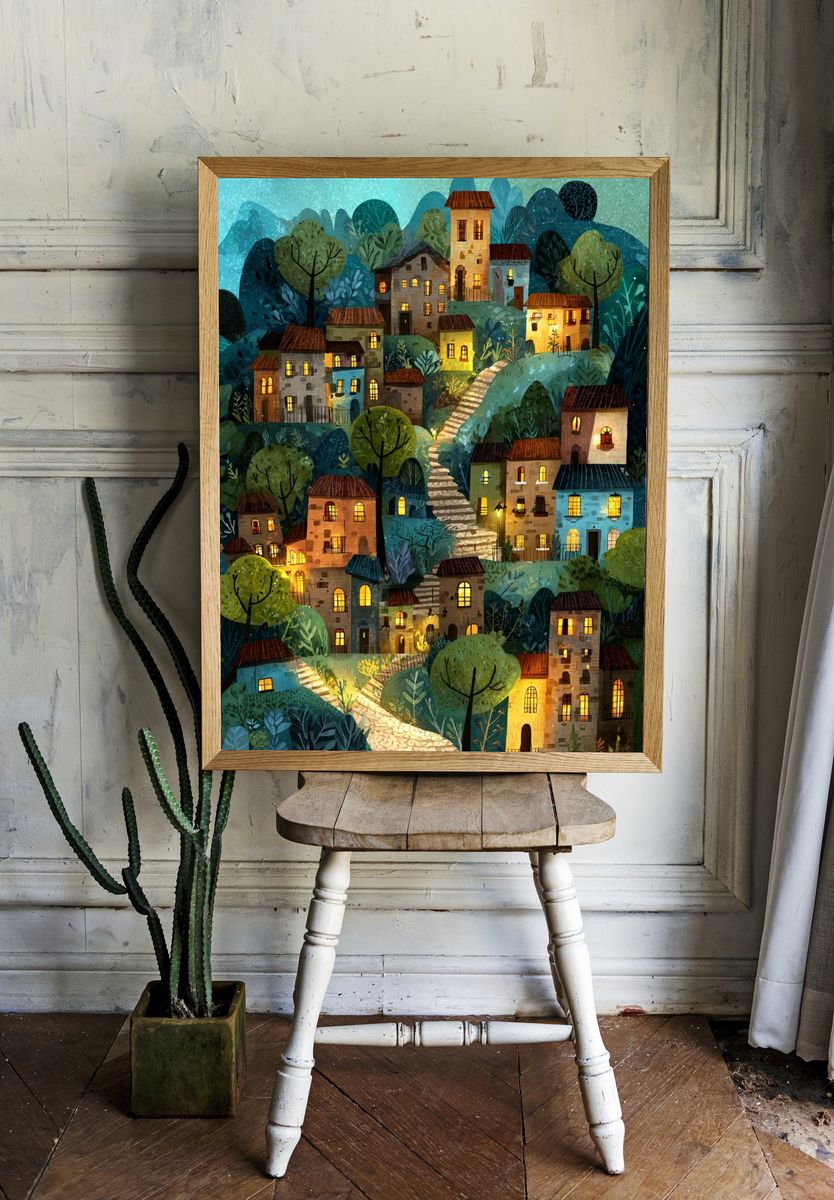 Moonlit Village Hillside Illustration Poster room preview