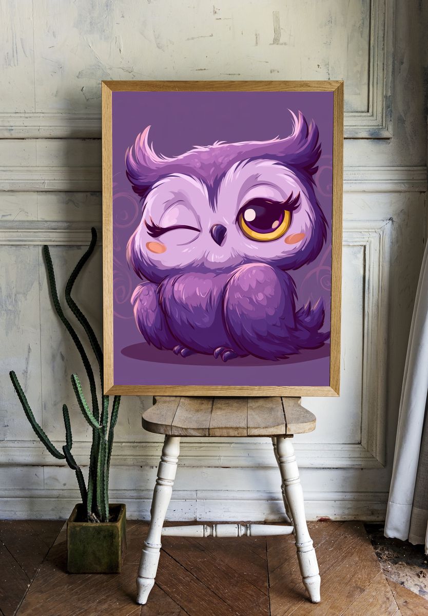 Cute Purple Owl Cartoon Poster. room preview