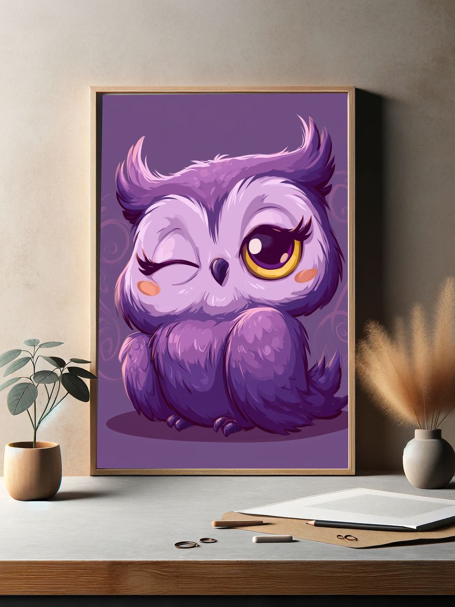 Cute Purple Owl Cartoon Poster. — room view 2