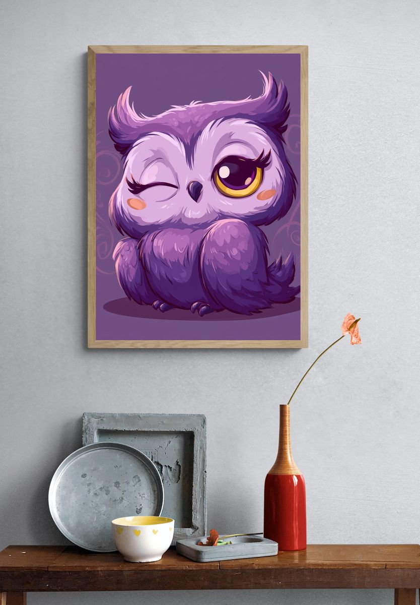 Cute Purple Owl Cartoon Poster. — room view 3