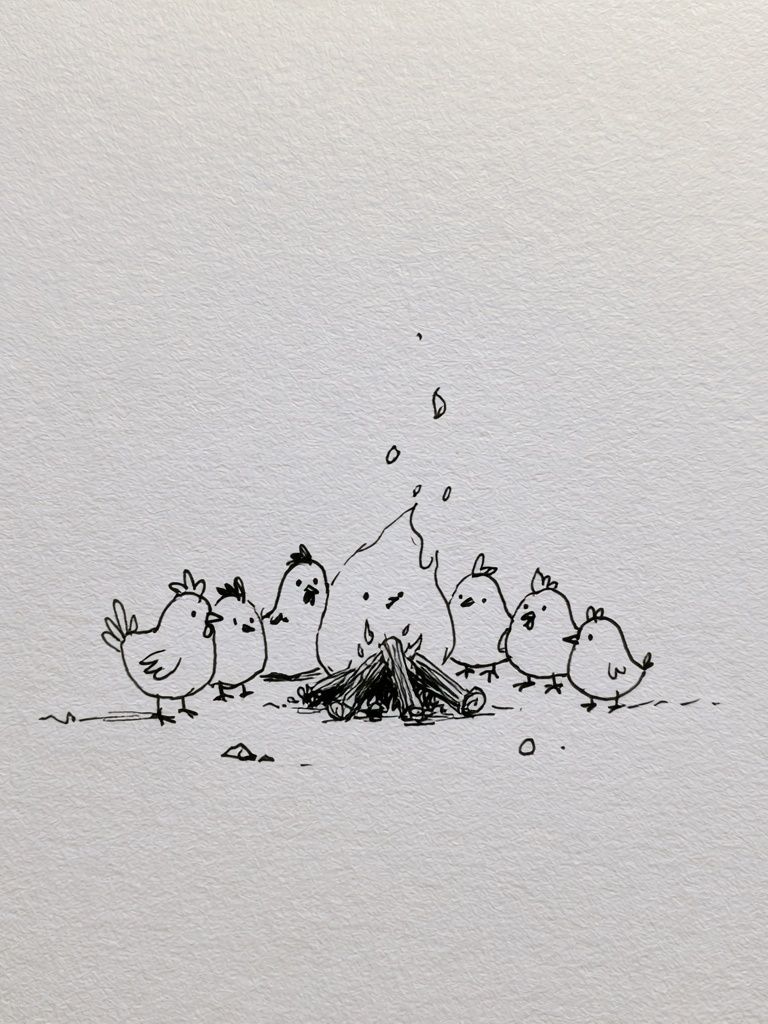 Chickens Around Campfire Illustration Poster. poster detail