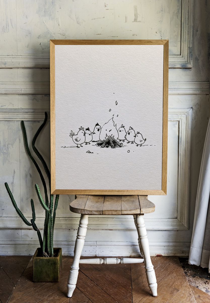Chickens Around Campfire Illustration Poster. — room view 1