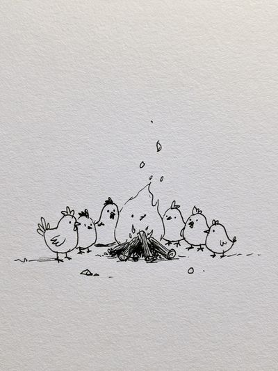 Chickens Around Campfire Illustration Poster. poster