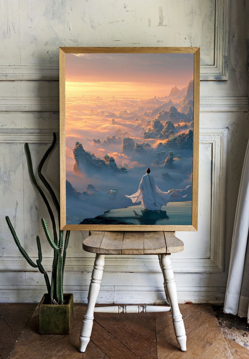 Celestial Mountain Dawn Print. room preview