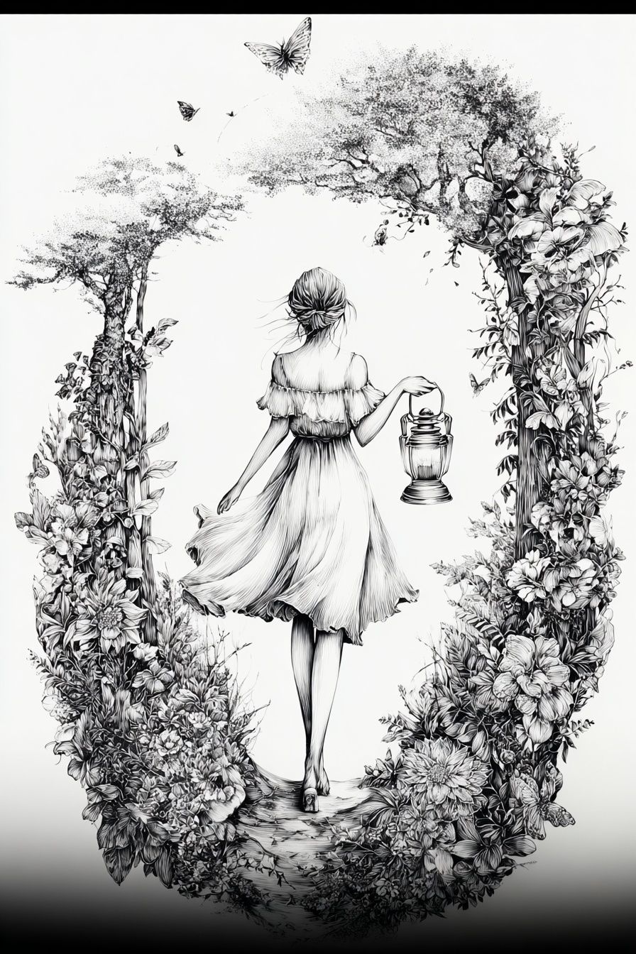 Floral Lantern Girl Illustration Print. poster — illustration art
