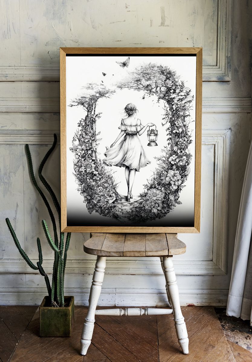 Floral Lantern Girl Illustration Print. room preview