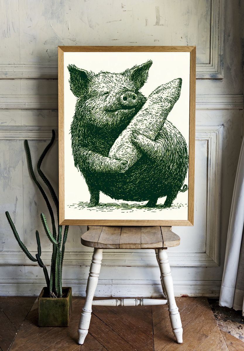 Pig with Baguette Illustration Poster. room preview