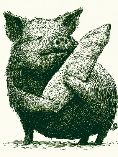 Pig with Baguette Illustration Poster. poster print