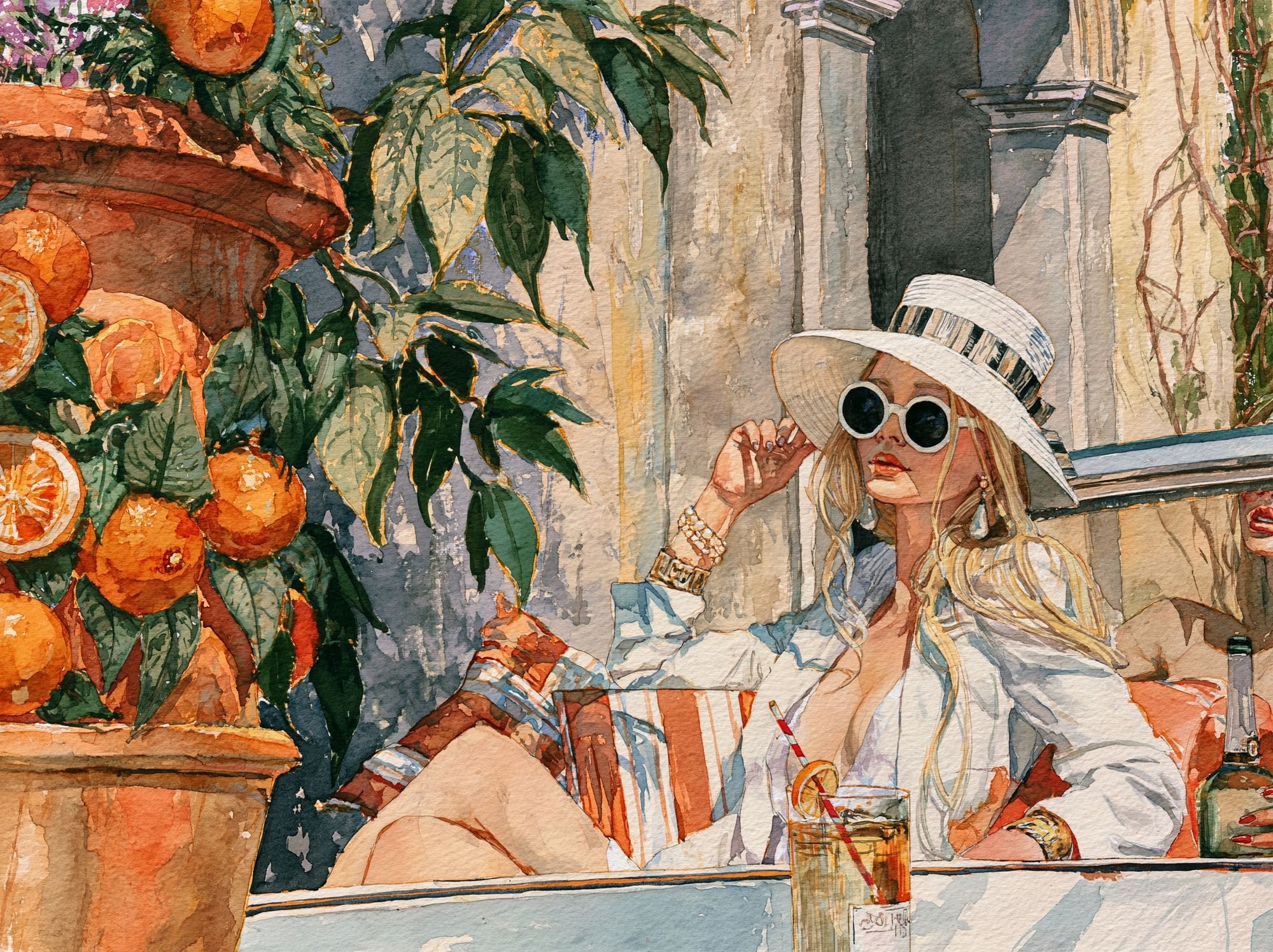 Sunlit Café Woman Watercolor Print. poster — illustration art