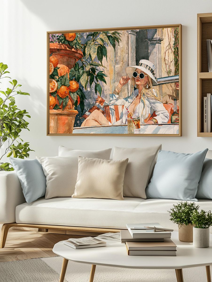 Sunlit Café Woman Watercolor Print. — room view 2