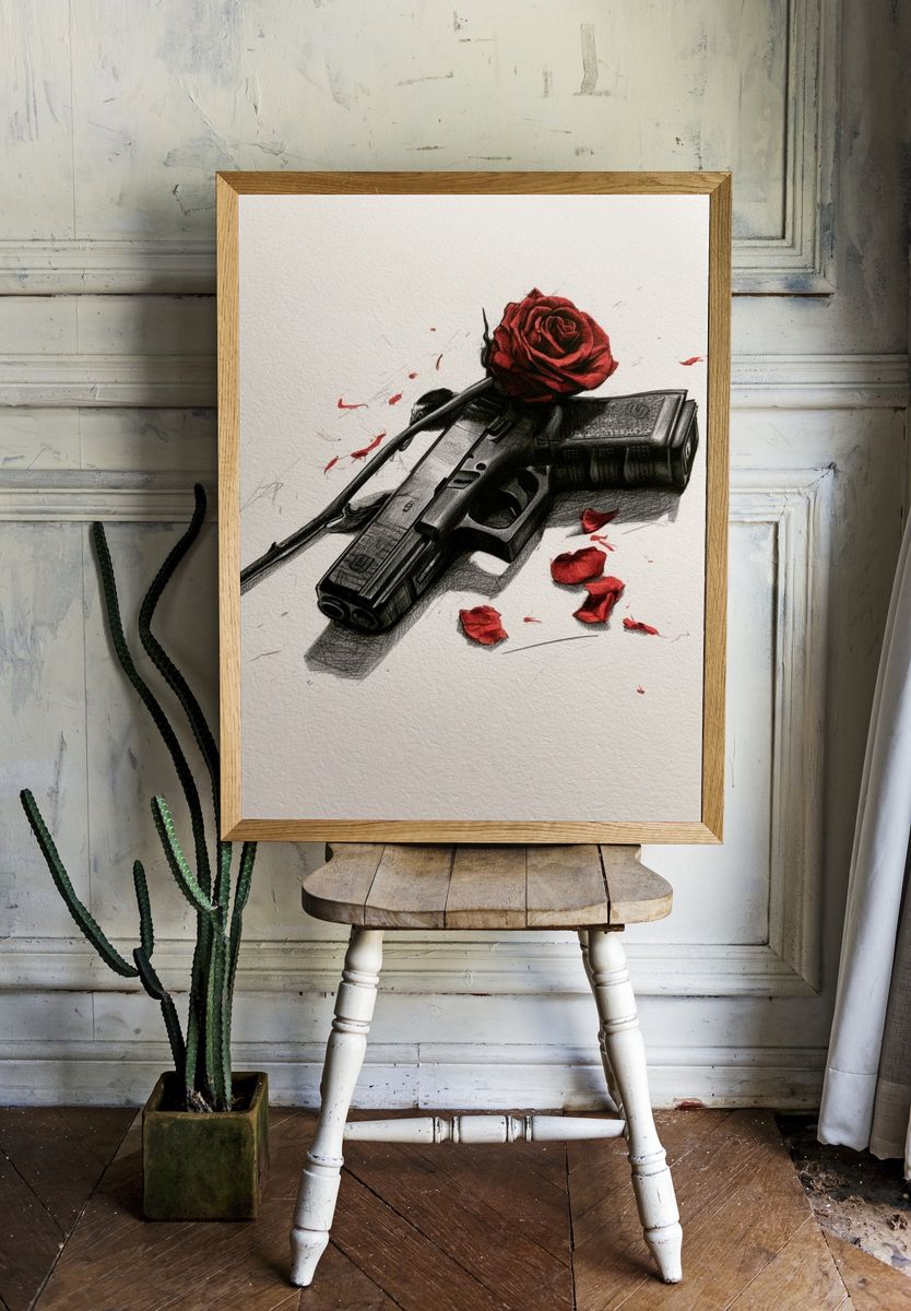 Rose and Pistol Illustration Poster. — room view 1
