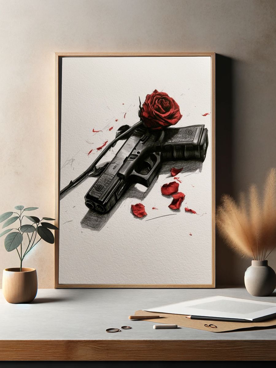 Rose and Pistol Illustration Poster. — room view 2