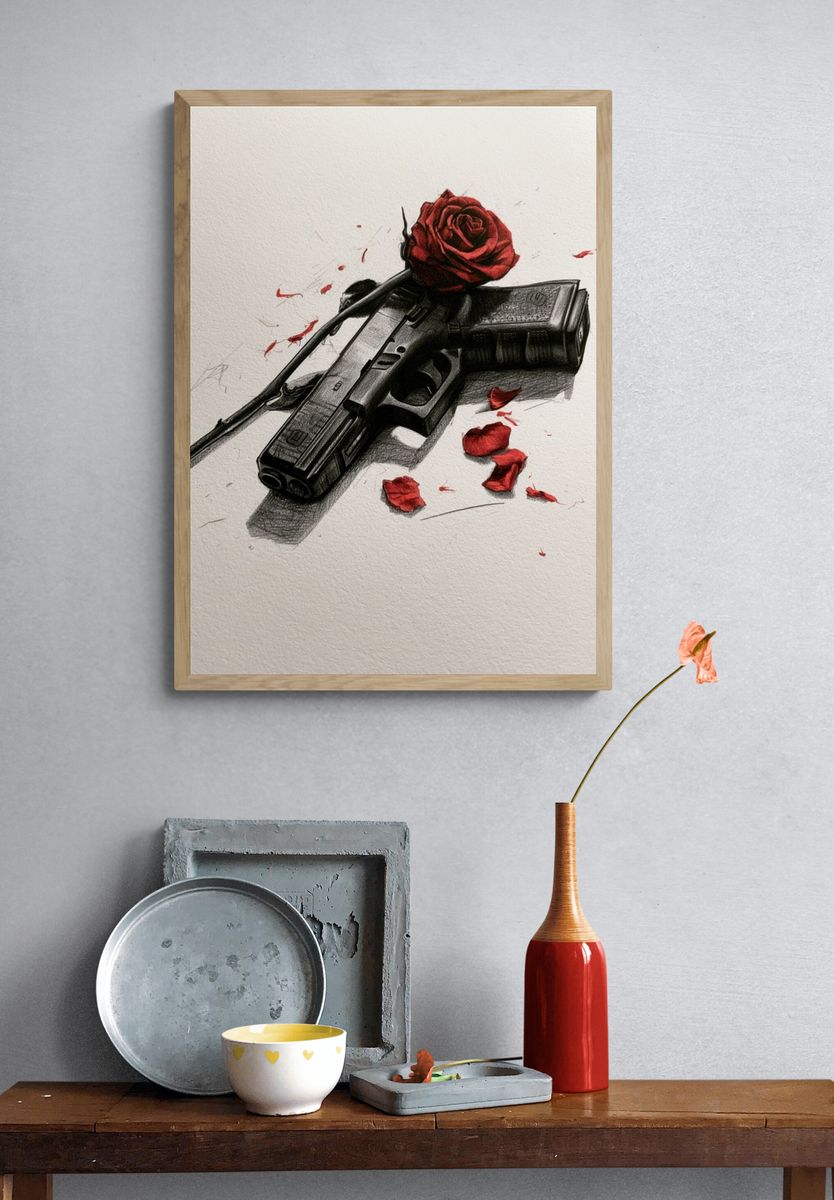 Rose and Pistol Illustration Poster. — room view 3