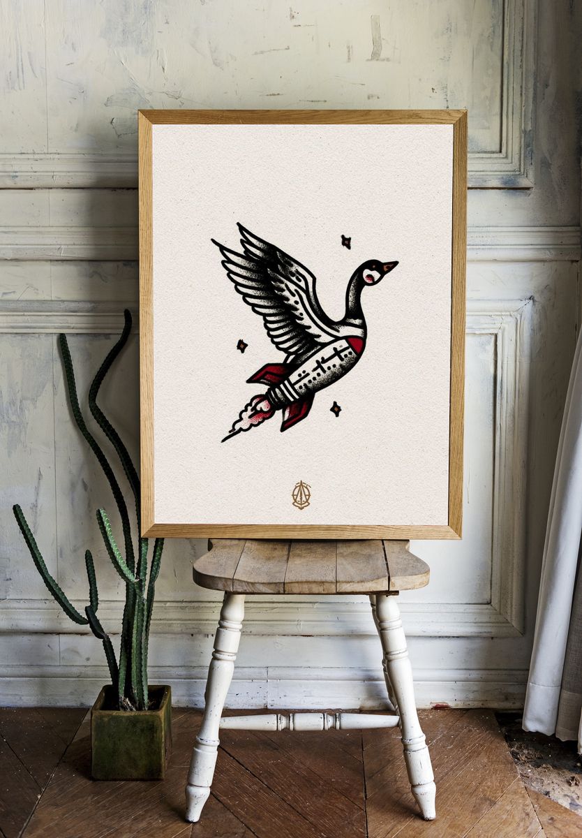 Flying Goose Tattoo Style Poster. — room view 1