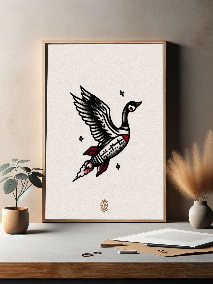 Flying Goose Tattoo Style Poster. — room view 2
