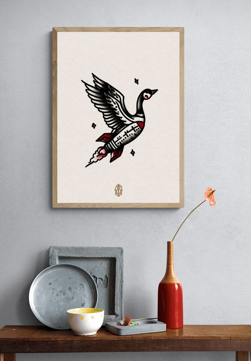 Flying Goose Tattoo Style Poster. — room view 3