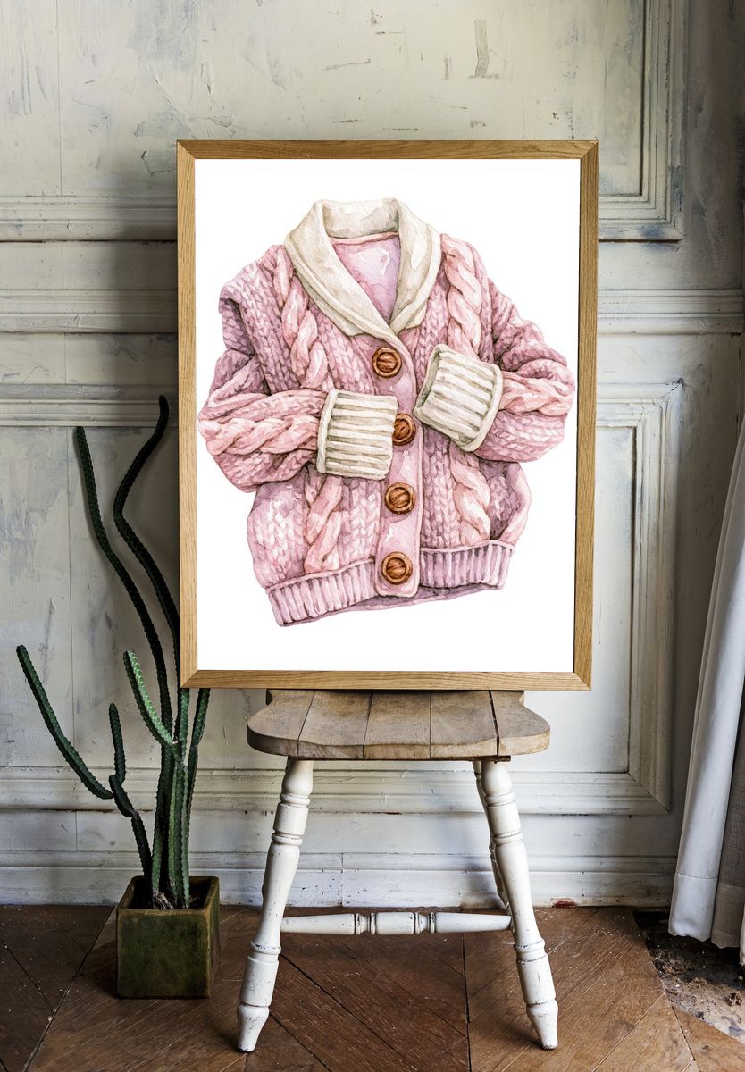 Pink Knit Cardigan Watercolor Print. — room view 1