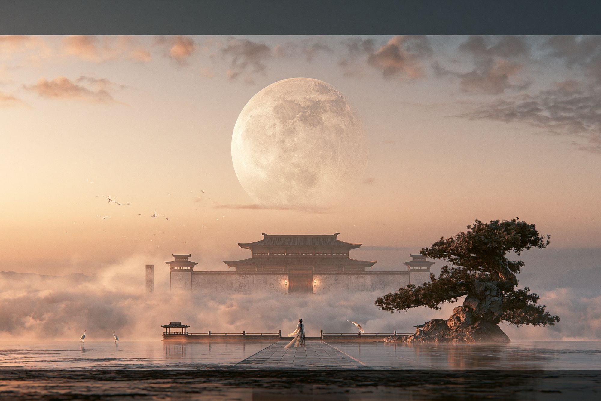 Moonlit Temple Landscape Print. poster — illustration art