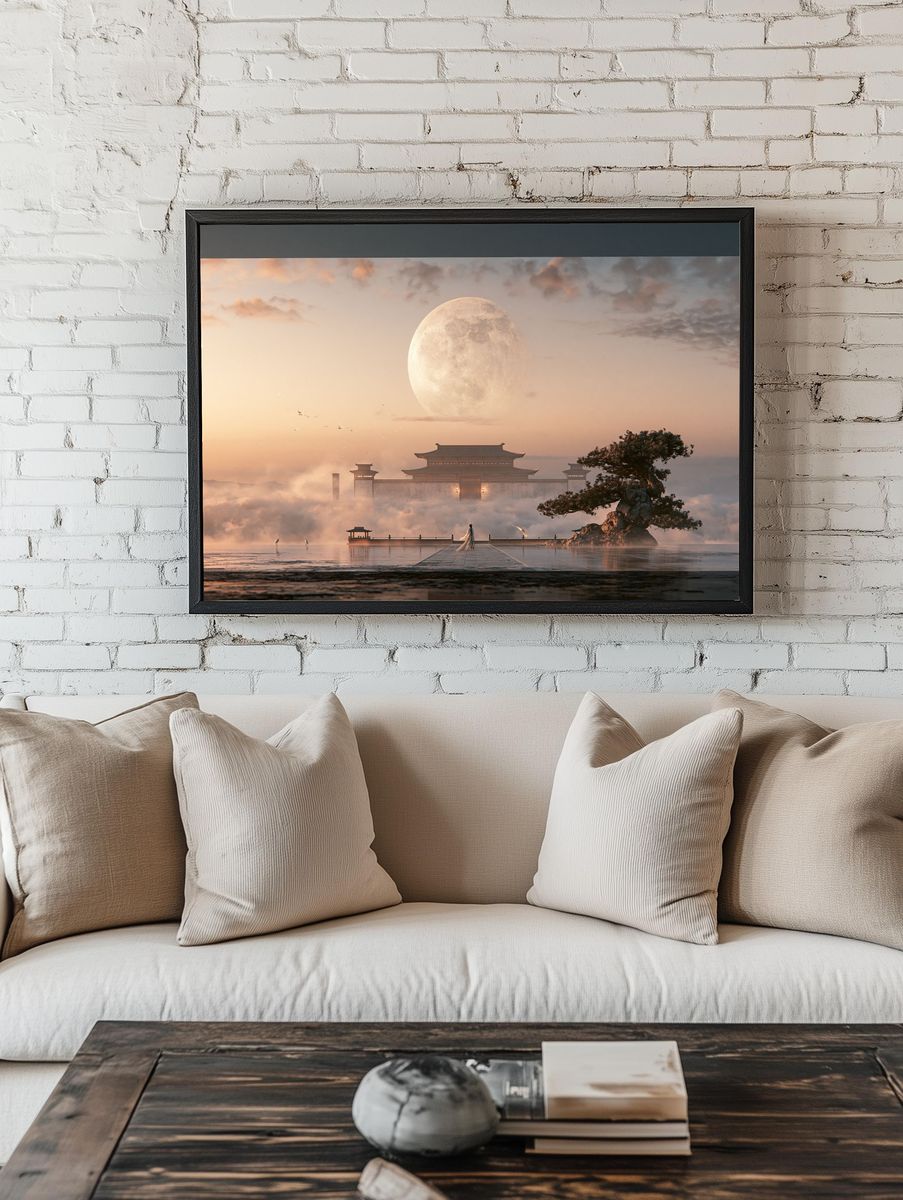Moonlit Temple Landscape Print. — room view 1