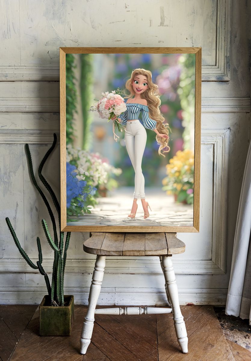 Blonde Floral Fashion Illustration Print. room preview