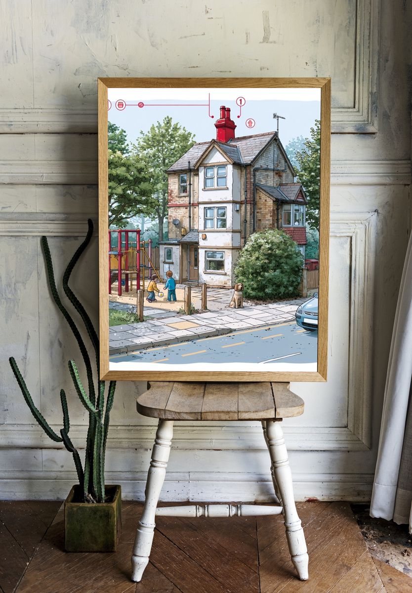 Suburban House Street Scene Illustration Print. — room view 1