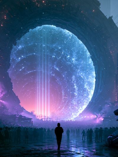 Neon Portal Cityscape Poster. poster