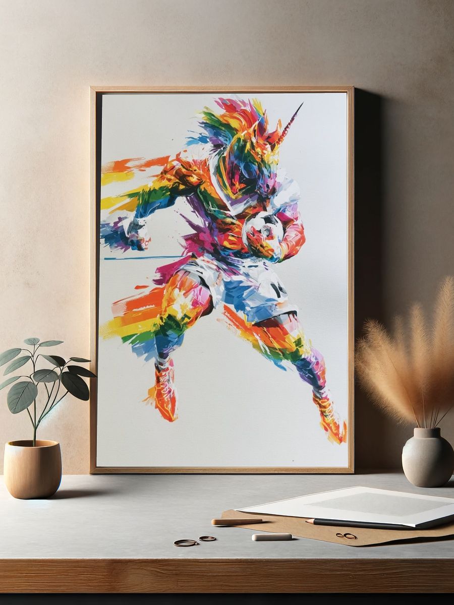 Rainbow Unicorn Soccer Poster. — room view 2