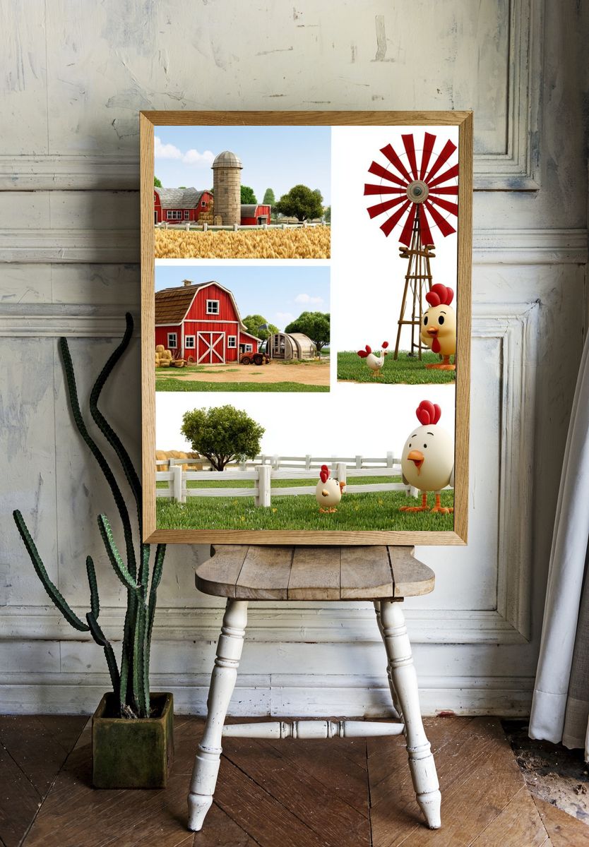 Farmyard Chickens Illustration Poster. — room view 1