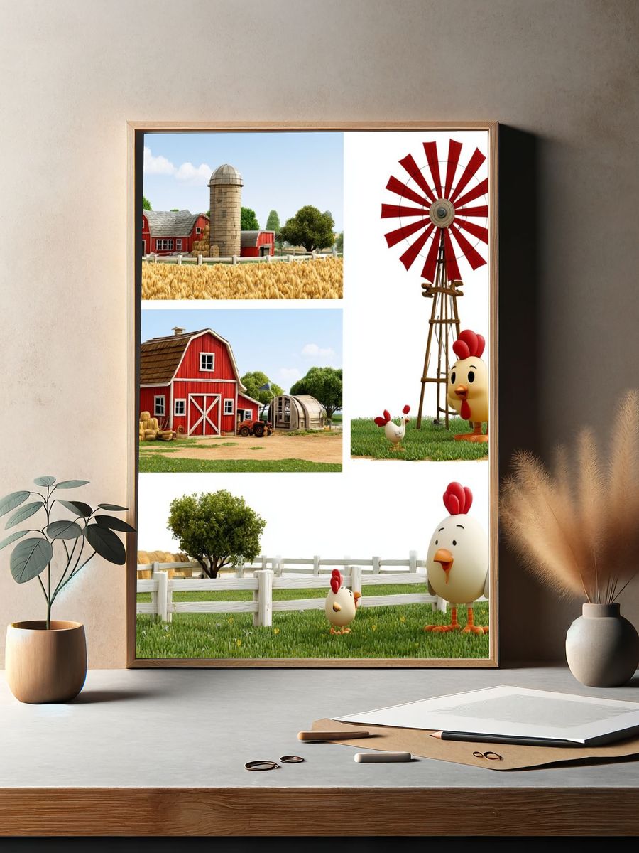 Farmyard Chickens Illustration Poster. — room view 2