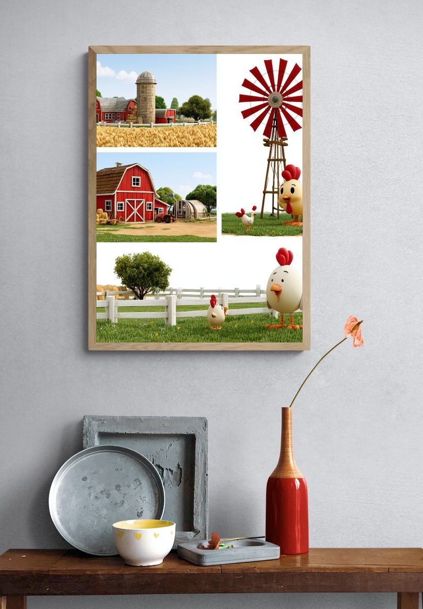 Farmyard Chickens Illustration Poster. — room view 3