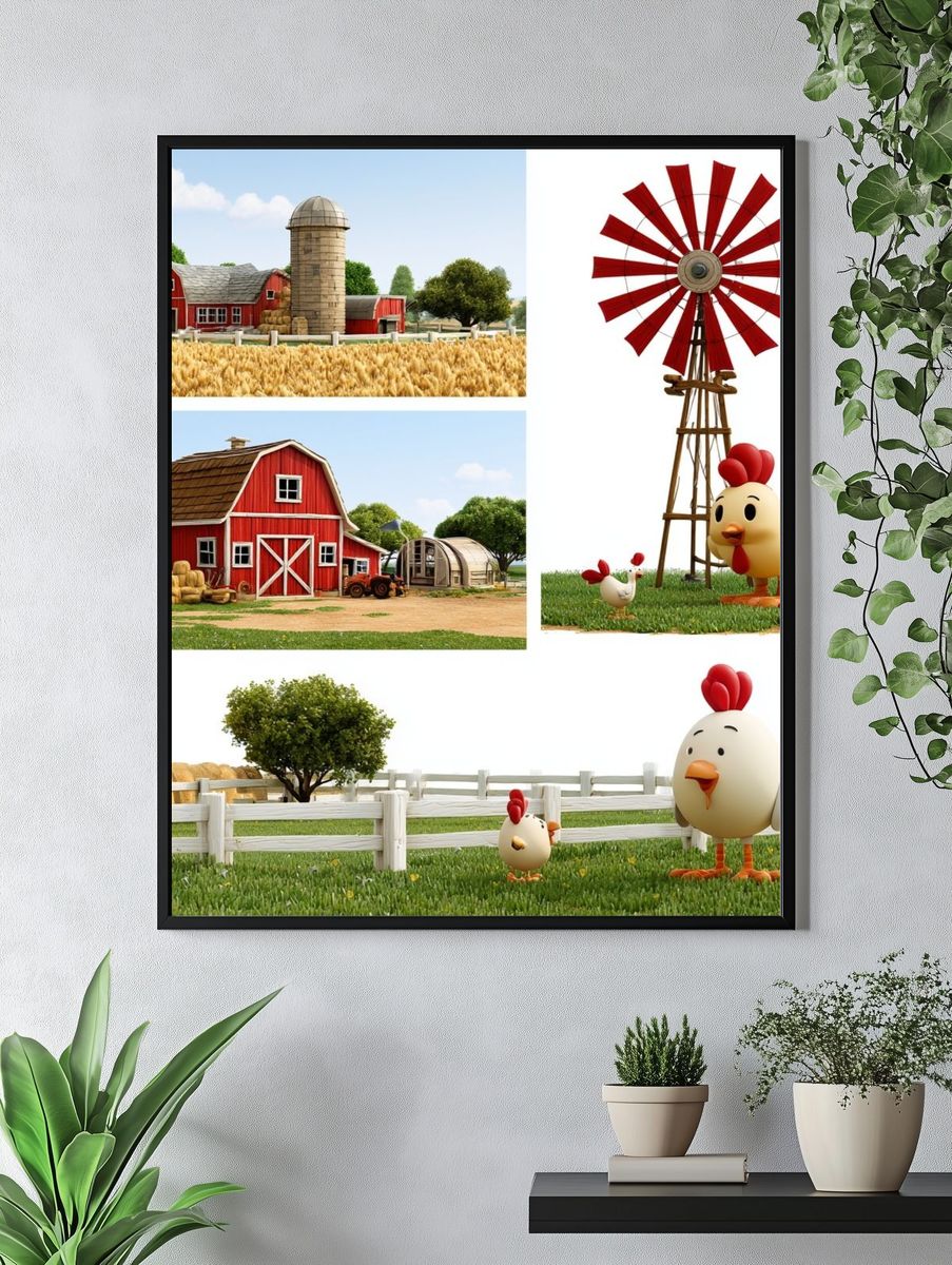 Farmyard Chickens Illustration Poster. — room view 4