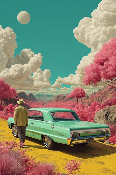 Retro Desert Car Illustration Poster.