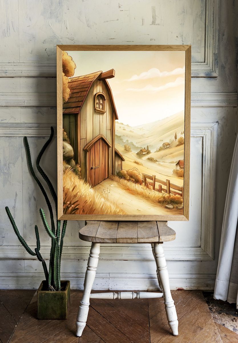 Sunlit Countryside Cottage Illustration Poster. — room view 1