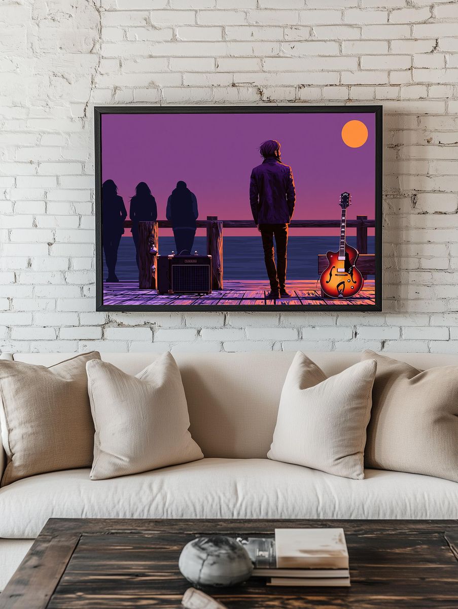 Sunset Guitar Pier Illustration Poster. room preview