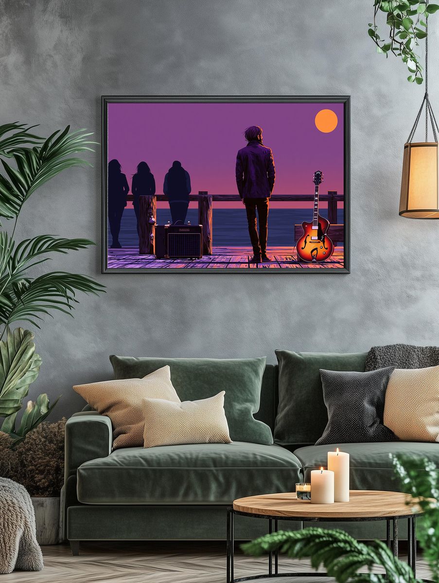 Sunset Guitar Pier Illustration Poster. — room view 4
