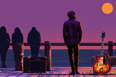 Sunset Guitar Pier Illustration Poster.